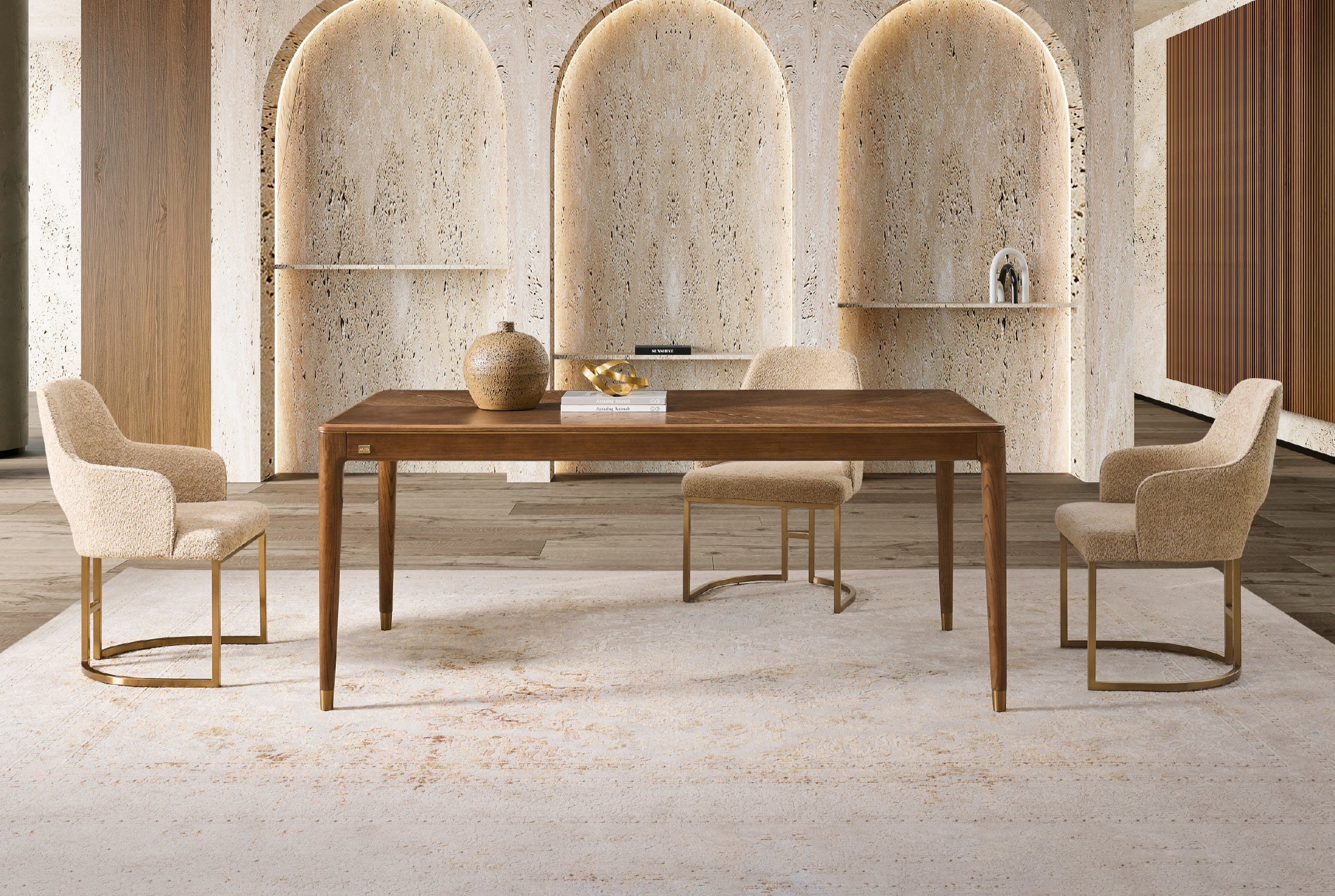 Dining room with wooden table and chairs in a modern interior setting