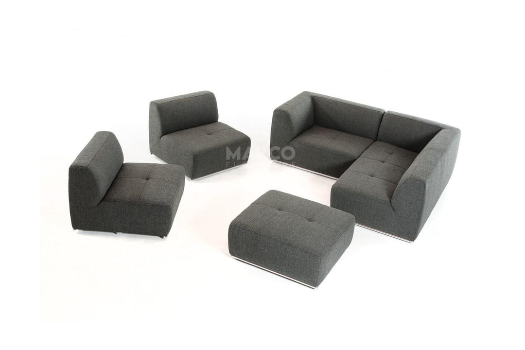 Gray modular sofa set with ottoman on a white background