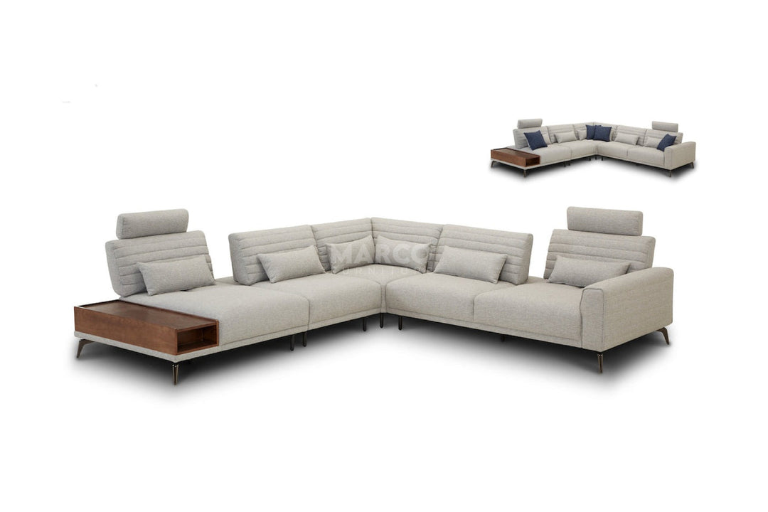 Gray sectional sofa with wooden coffee table on a white background