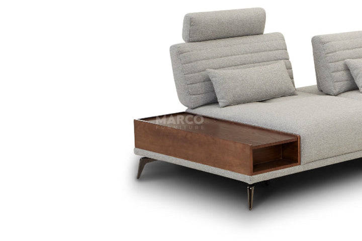 Gray sofa with a wooden coffee table on a white background