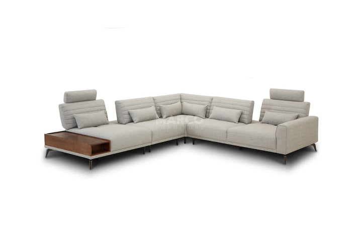 Gray sectional sofa with a wooden coffee table on a white background