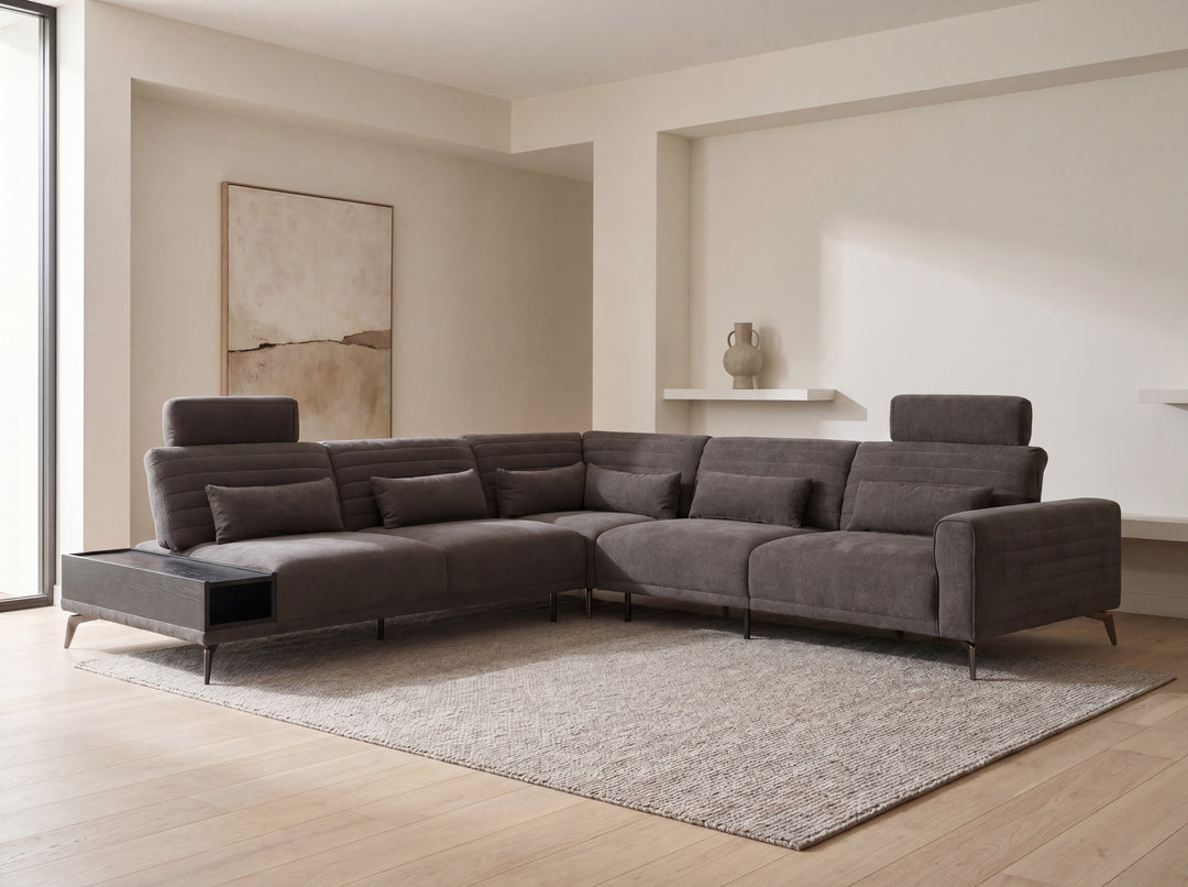 Glamour Upholstered Fabric Sectional Lounge – Modern L-Shape Sofa with Headrests