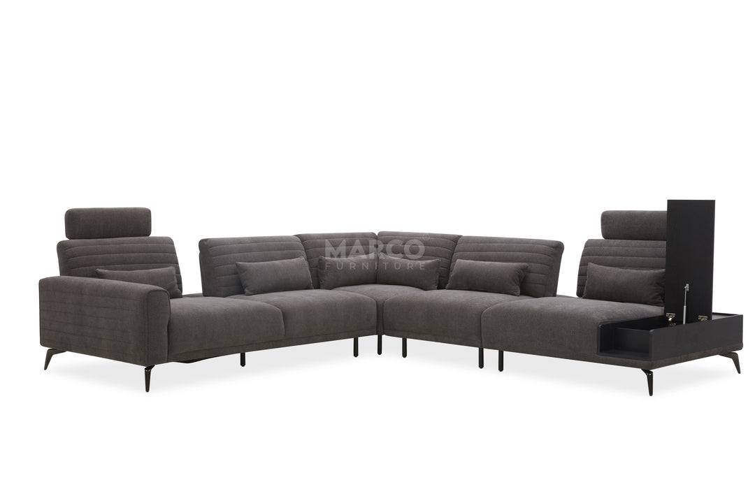 Gray sectional sofa with a coffee table on a white background, featuring the brand 'Marco'.