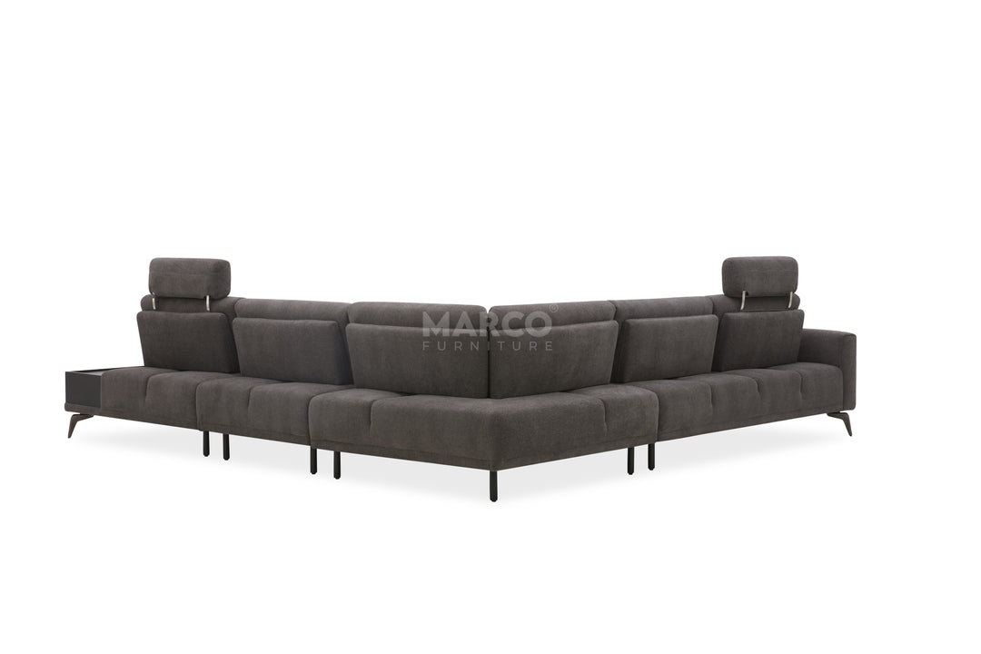 Gray sectional sofa with recliner seats on a white background, branded 'Marco'.