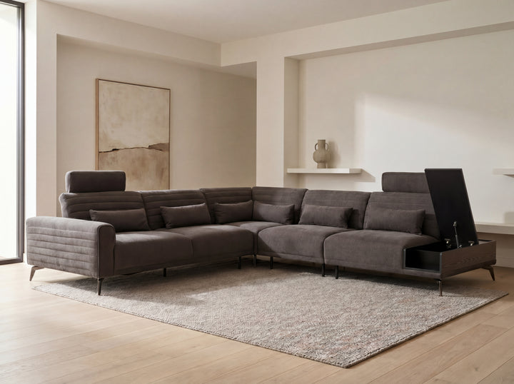 Glamour Upholstered Fabric Sectional Lounge – Modern L-Shape Sofa with Headrests