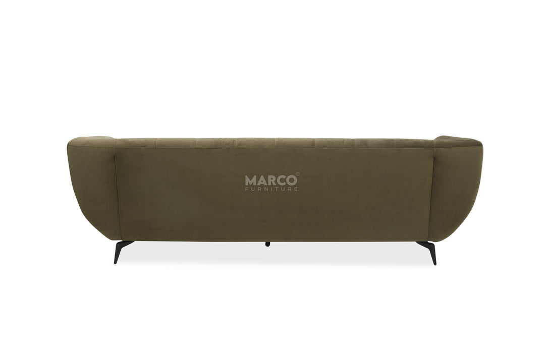 Green sofa with 'Marco' branding on a white background
