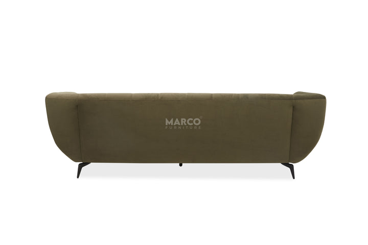 Green sofa with 'Marco' branding on a white background