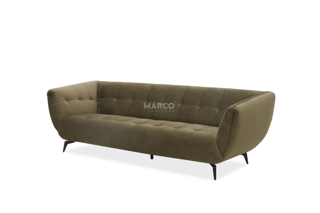 Green sofa with 'Marco' branding on a white background
