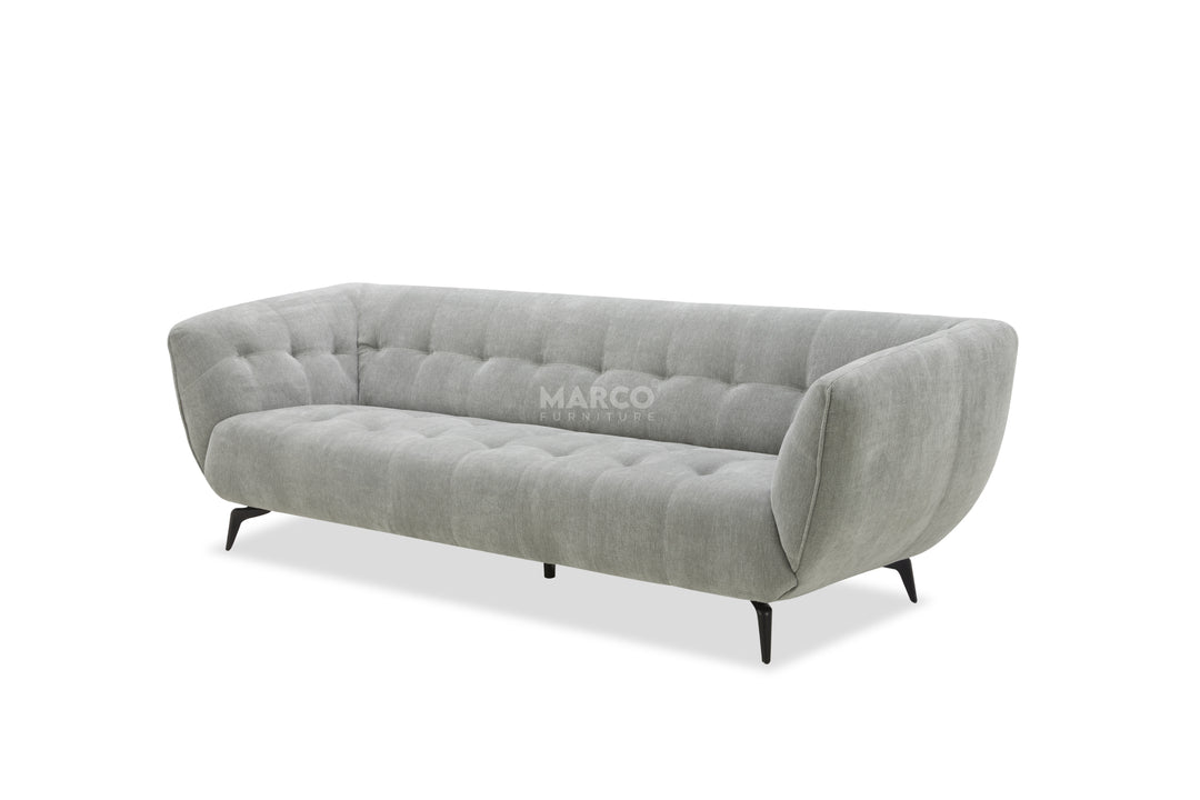 Gray sofa with 'MARCO' branding on a white background