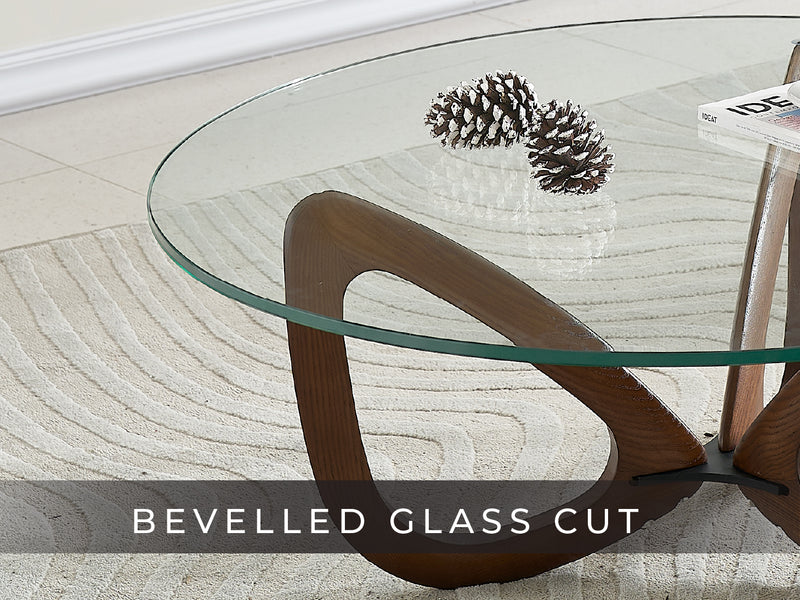 Gucci Modern Glass Coffee Table (Walnut) with Tempered Glass Top and Solid Ash Wood Base - Marco Furniture