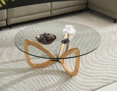 Gucci Round Coffee Table with 12mm Tempered Transparent Glass Top and Solid Ash Wood Base