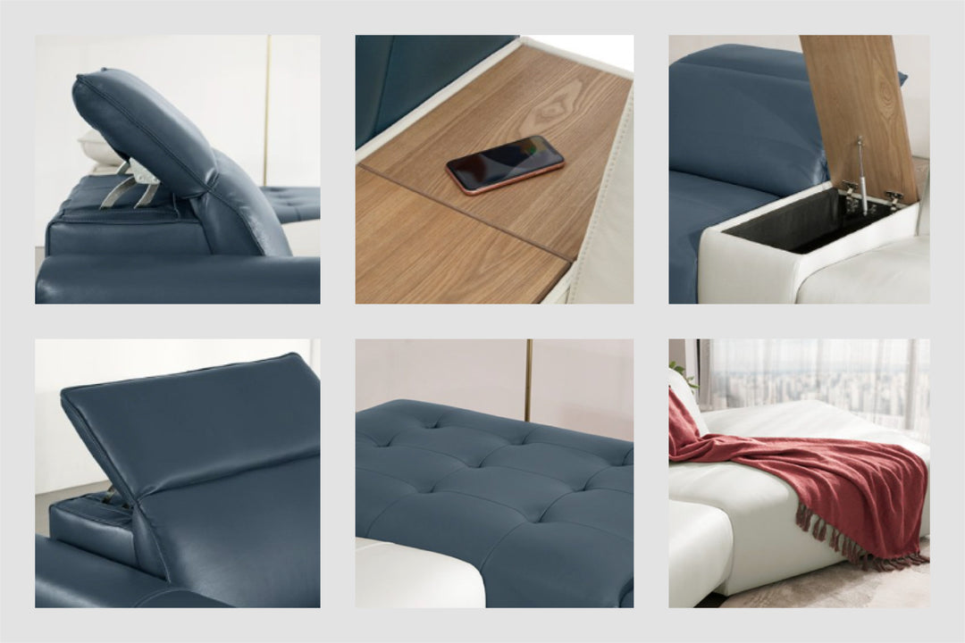 Collage of a blue sofa with various features including a wooden table, phone, and storage compartment.