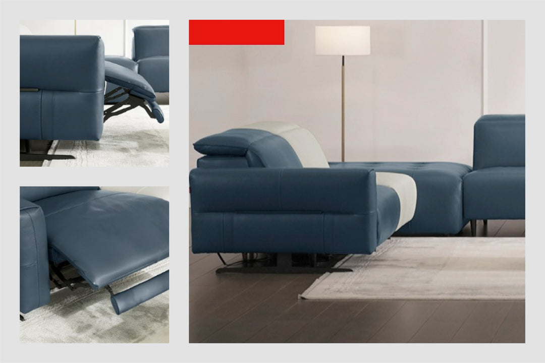 Blue sofa with recliner feature in a modern living room setting