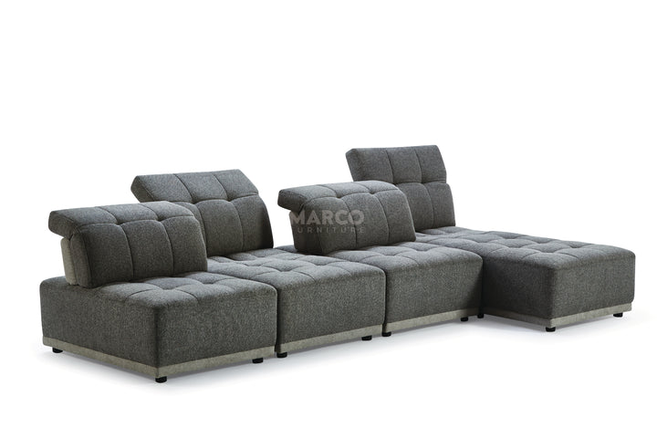 Gray sectional sofa with 'Marco' branding on a white background
