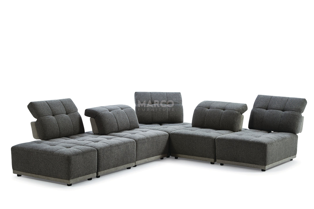 Gray sectional sofa with 'MARCO' branding on a white background