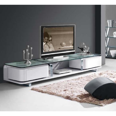 Kristy TV Unit with High-Quality MDF Body, 15mm Tempered Glass Top, and Chrome Frame