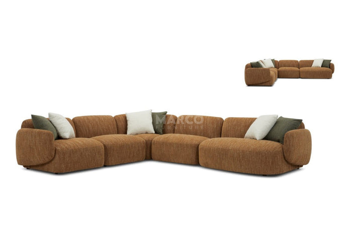 Brown sectional sofa with cushions on a white background