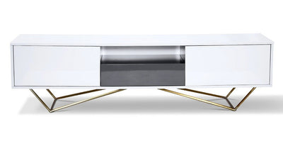 Lacy Black & White TV Unit with High-Gloss White MDF Body, Soft Close Drawers, and Gold Metal Legs - Marco Furniture