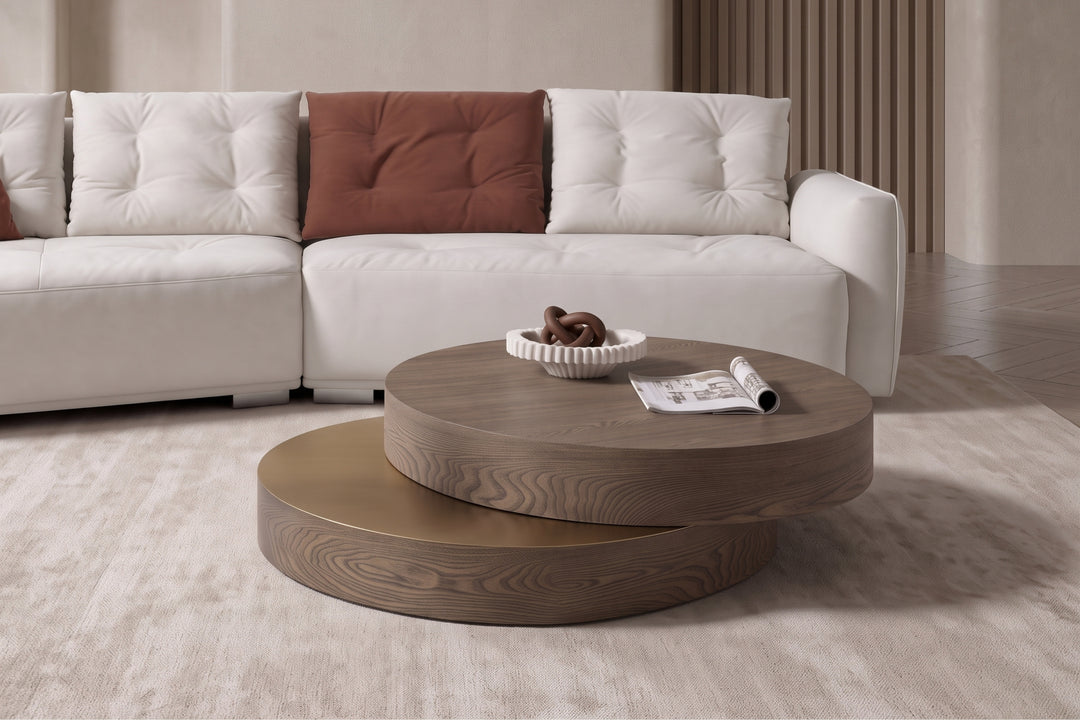 Lunaria Swivel Round Coffee Table – Brown Elm & Brushed Gold