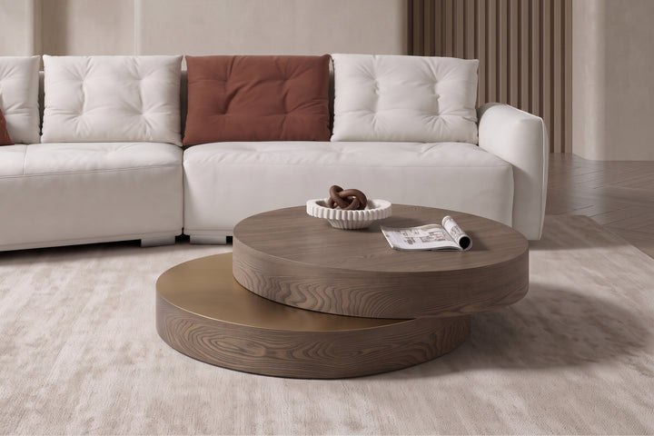 Lunaria Swivel Round Coffee Table – Brown Elm & Brushed Gold
