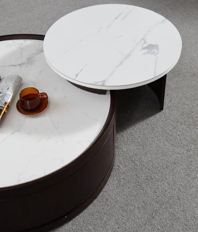 Macao Round Coffee Table with Drawers and White Spanish Ceramic Top