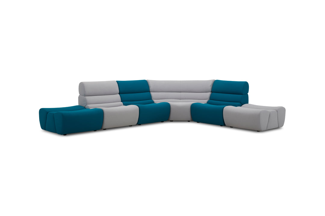 Modular sofa with blue and gray sections on a white background