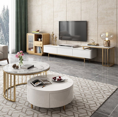 Milan Extendable TV Unit with Marble Extension and Stainless Steel Legs