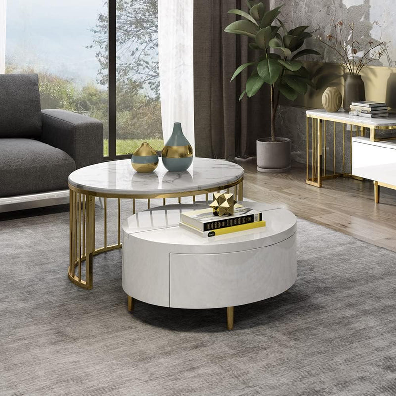 Milan Modern Coffee Table with Gold Metal Base, Glossy Paint Finish, and Silent Wood Drawer