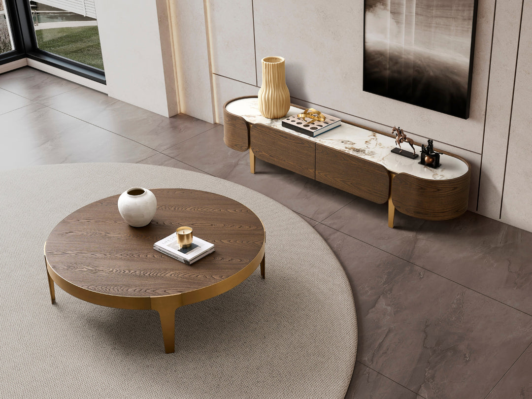 Mont Blanc Pandora Sintered Stone Top TV Unit - Gold Stainless Steel Legs