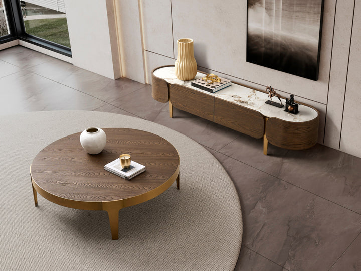 Mont Blanc Pandora Sintered Stone Top TV Unit - Gold Stainless Steel Legs