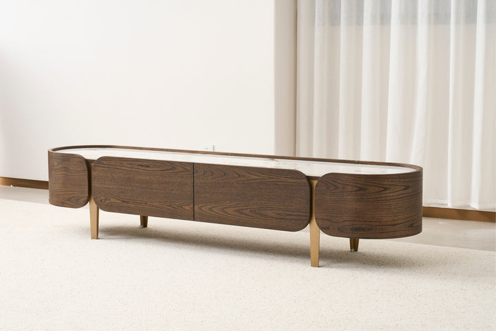 Mont Blanc Pandora Sintered Stone Top TV Unit - Gold Stainless Steel Legs