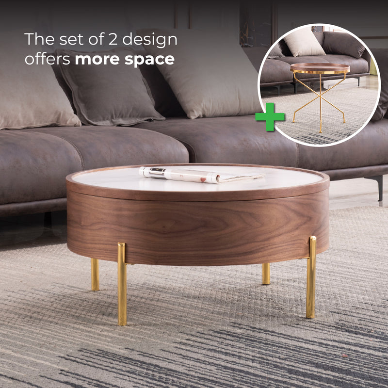 Moon Extendable Coffee Table with Storage and Rotating Top in White Ceramic