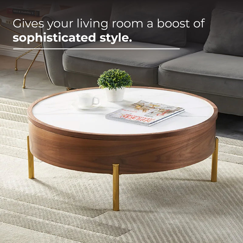 Moon Extendable Coffee Table with Storage and Rotating Top in White Ceramic