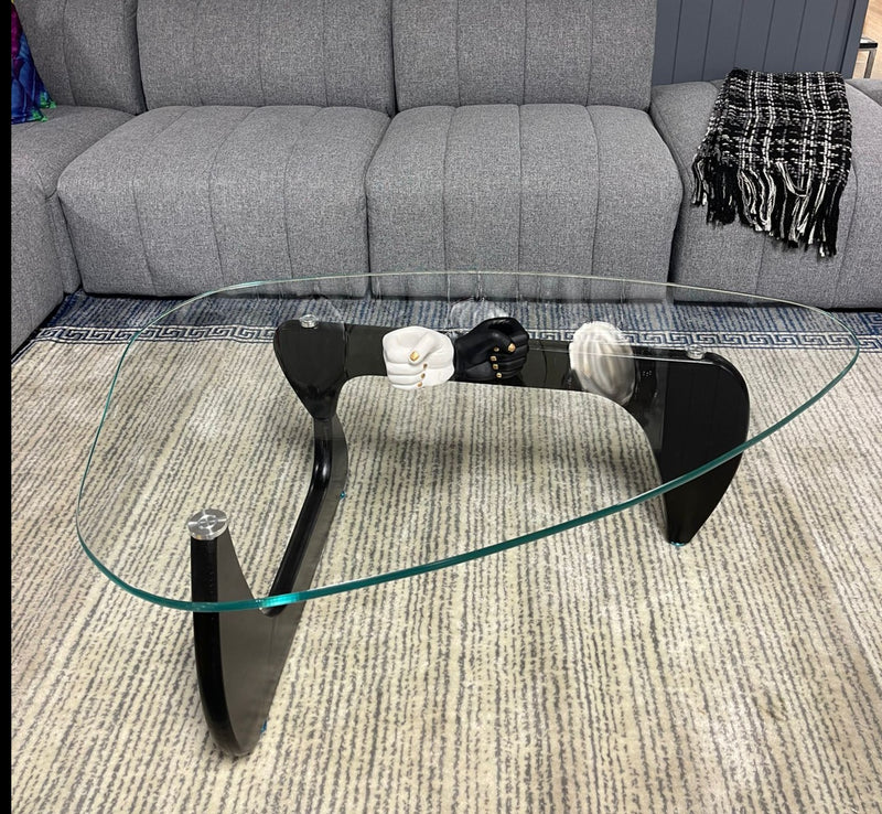 Noguchi Coffee Table (Black) with 15mm Tempered Glass Top and Ash Wood Legs