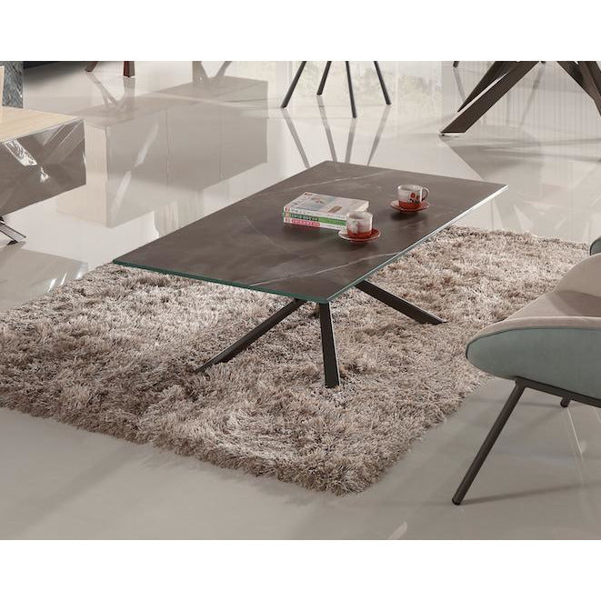 Panther Ceramic Coffee Table with Spanish White Ceramic Top and Black Metal Legs