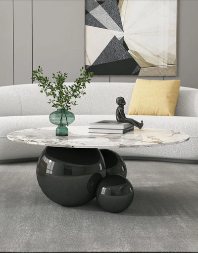 Spigola Round Coffee Table in Black with Sintered Stone Top and Stainless Steel Base
