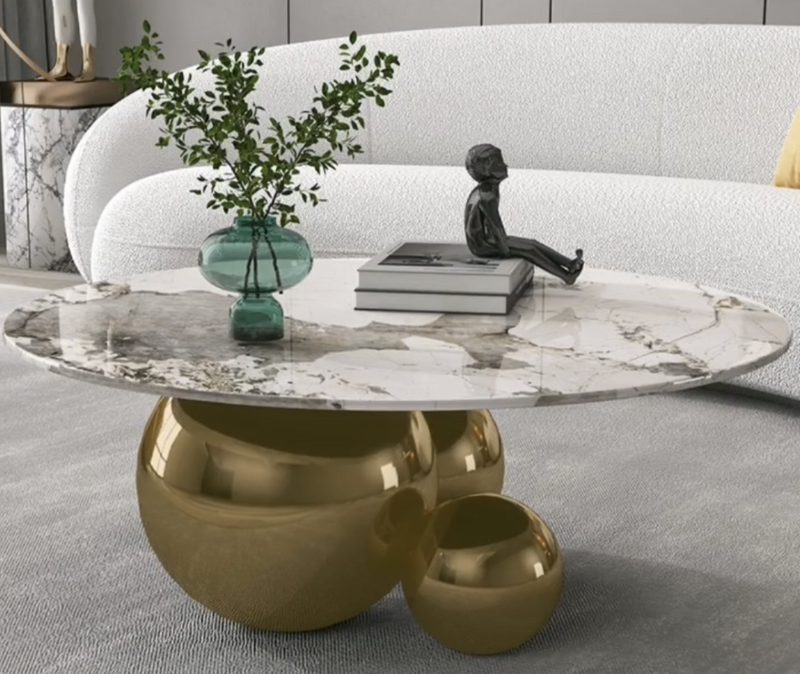 Spigola Round Coffee Table in Gold with Sintered Stone Top and Stainless Steel Base