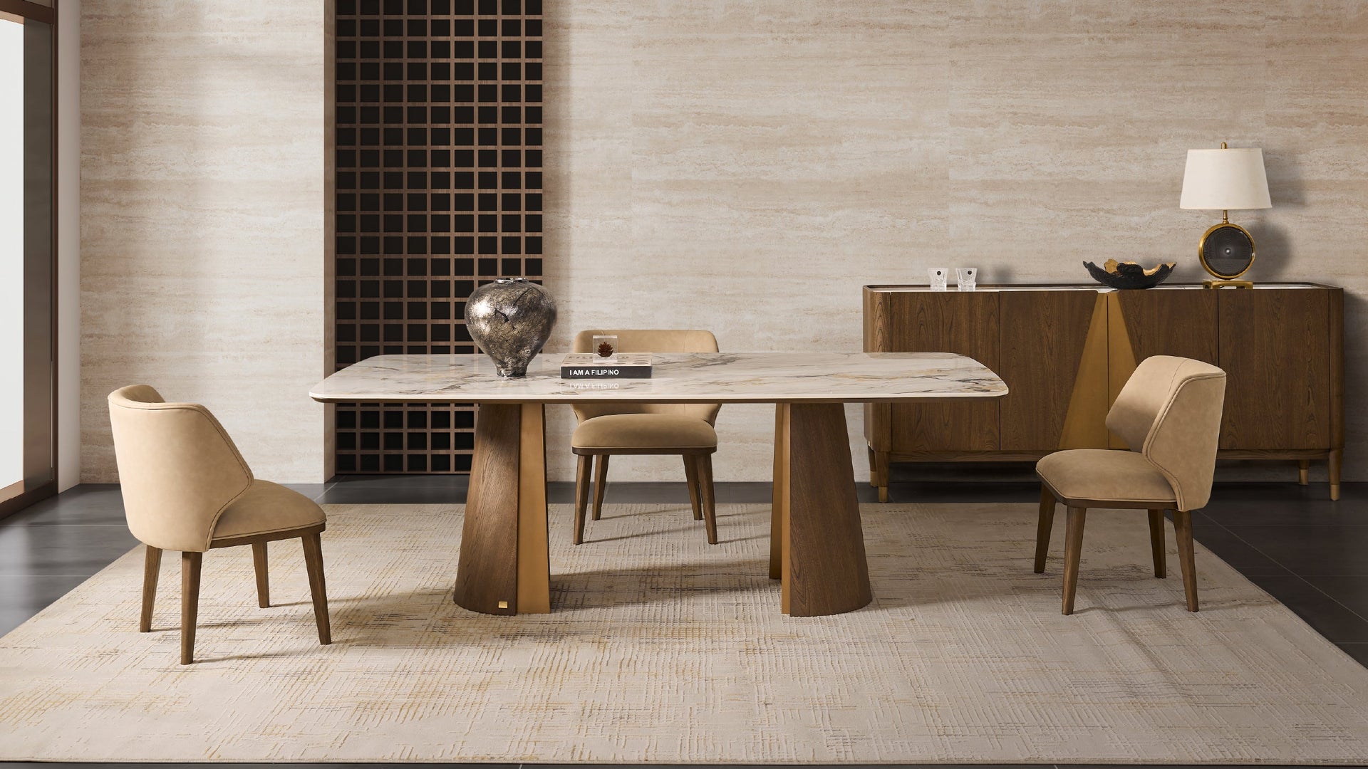 Dining room with a marble table and chairs in a modern interior setting.