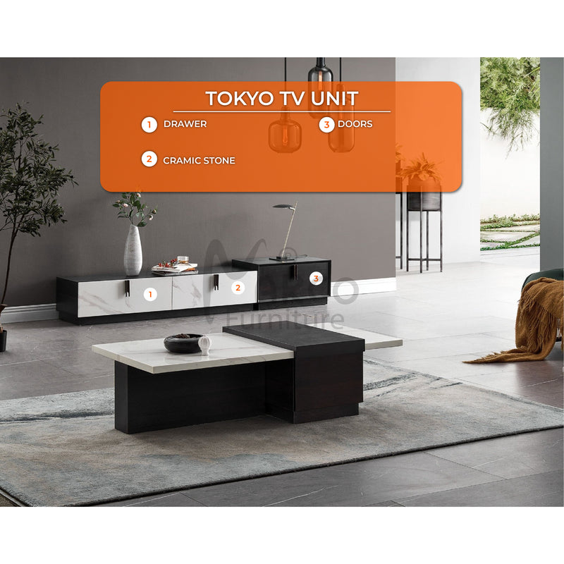 Tokyo Modern TV Unit in White with Black MDF and 3 Drawers
