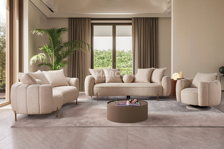 Modern living room with beige sofa set and decorative elements