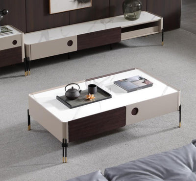 Viper Coffee Table with drawers, White Ceramic Stone Top and Metal Legs