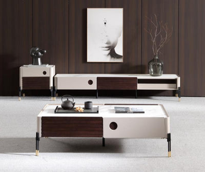 Viper Coffee Table with drawers, White Ceramic Stone Top and Metal Legs