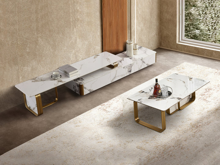 Vittoria Sintered Stone Extendable TV Unit -  Gold Stainless Steel Base