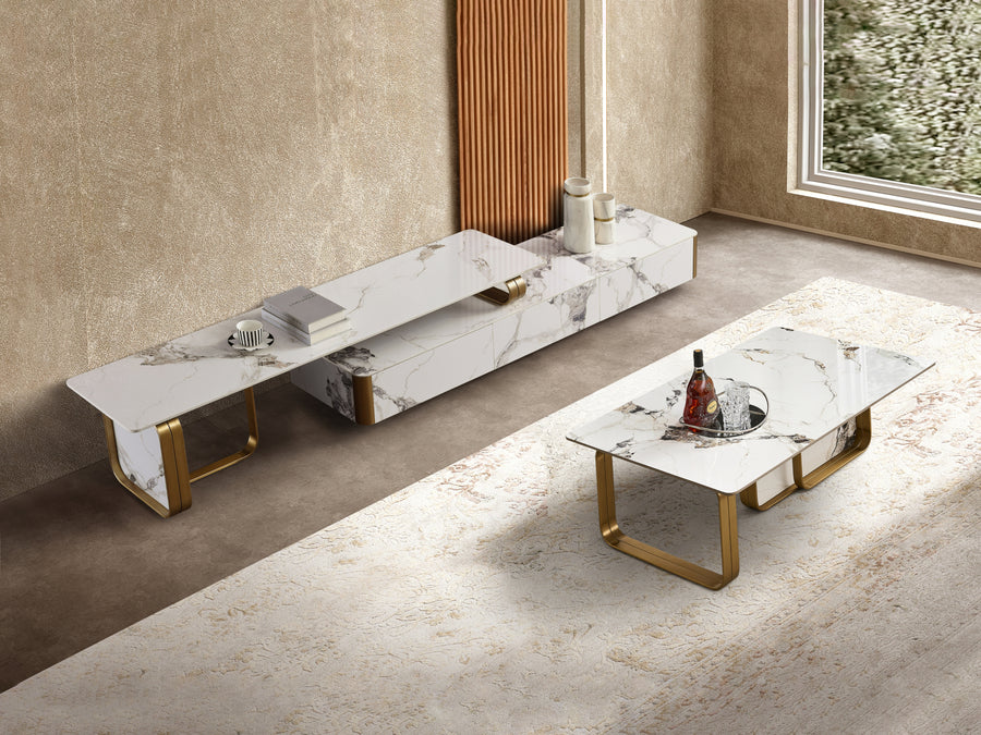 Vittoria Sintered Stone Extendable TV Unit -  Gold Stainless Steel Base