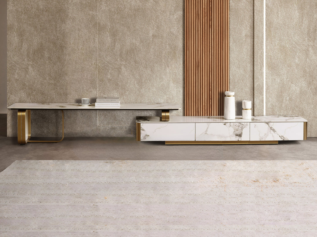 Vittoria Extendable Sintered Stone TV Unit -  Gold Stainless Steel Base