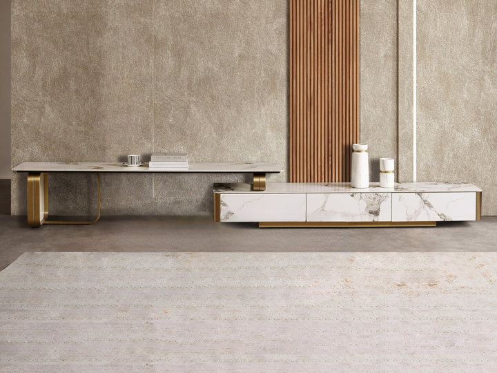 Vittoria Extendable Sintered Stone TV Unit -  Gold Stainless Steel Base