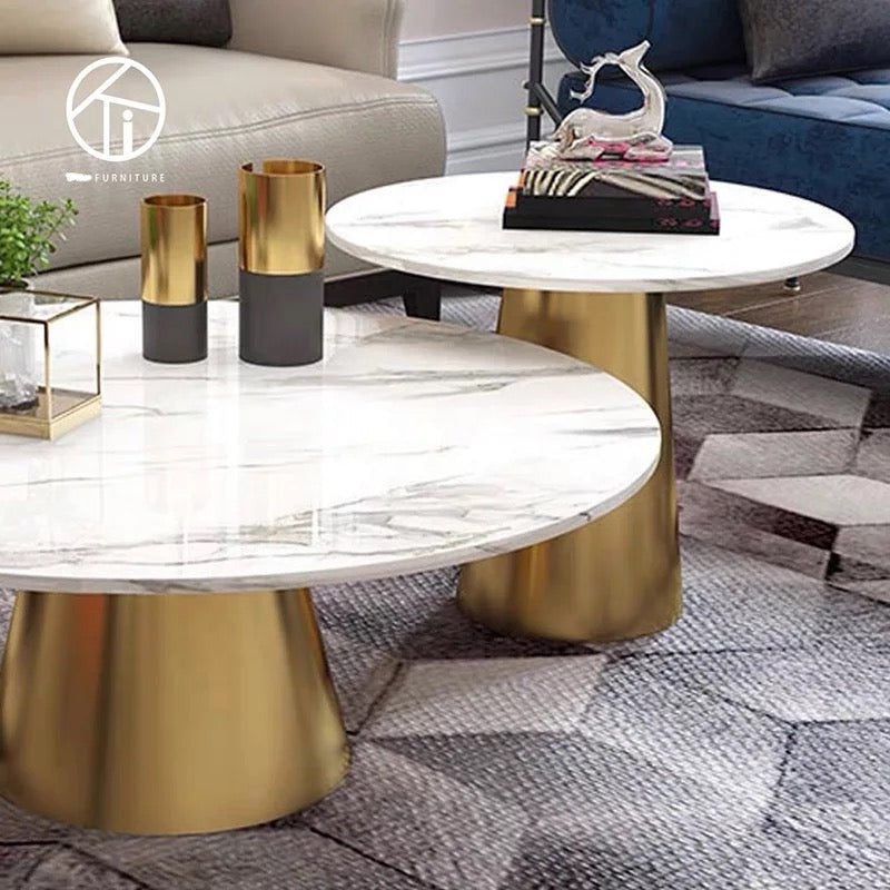 Warrick Marble Coffee Table Set with Marble Top and Gold Metal Base (Set of 2)