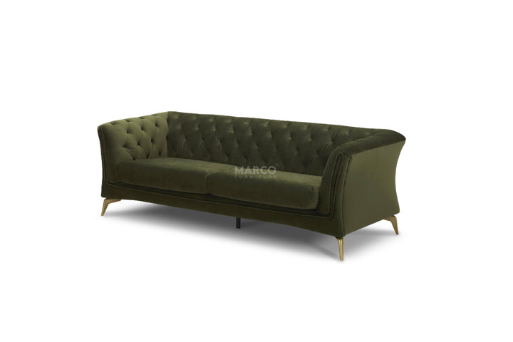 Green sofa with tufted backrest on a white background