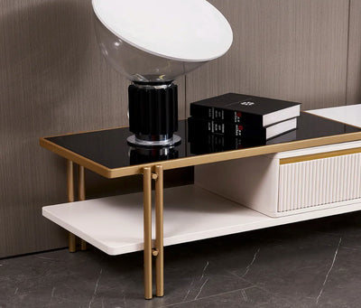 Austin Extendable TV Stand with Steel Gold Base, Ceramic Top, and Tempered Glass