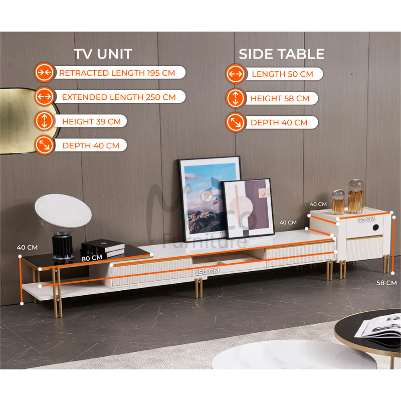 Austin Extendable TV Stand with Steel Gold Base, Ceramic Top, and Tempered Glass